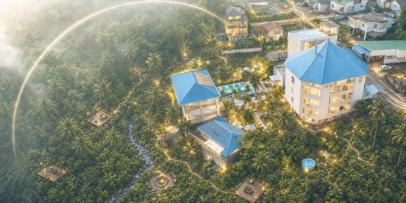Художественная концепция развития Narayana Center с лесными площадками, ручьём и световым контуром